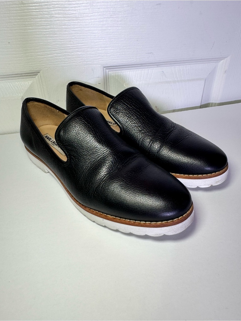 Karl Lagerfeld Black Leather Slip-On Flats with White Sole